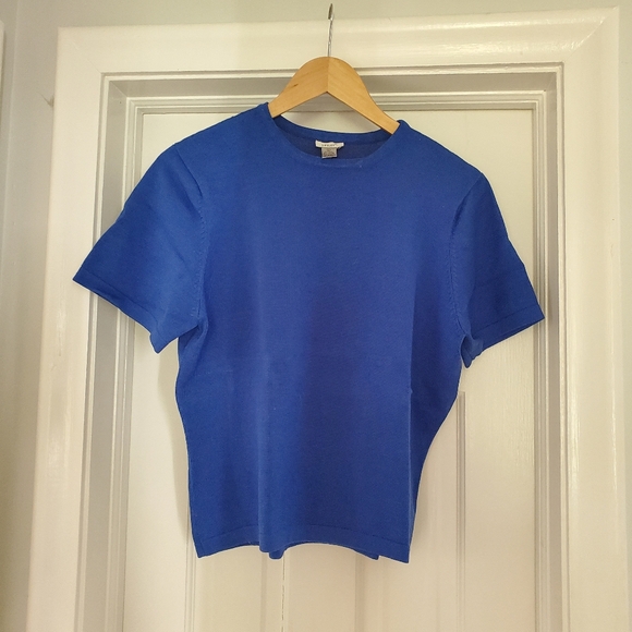 Vintage Leilei Silk Blend Blue Short Sleeved Crew Neck Sweater Top Size Large - Picture 1 of 6